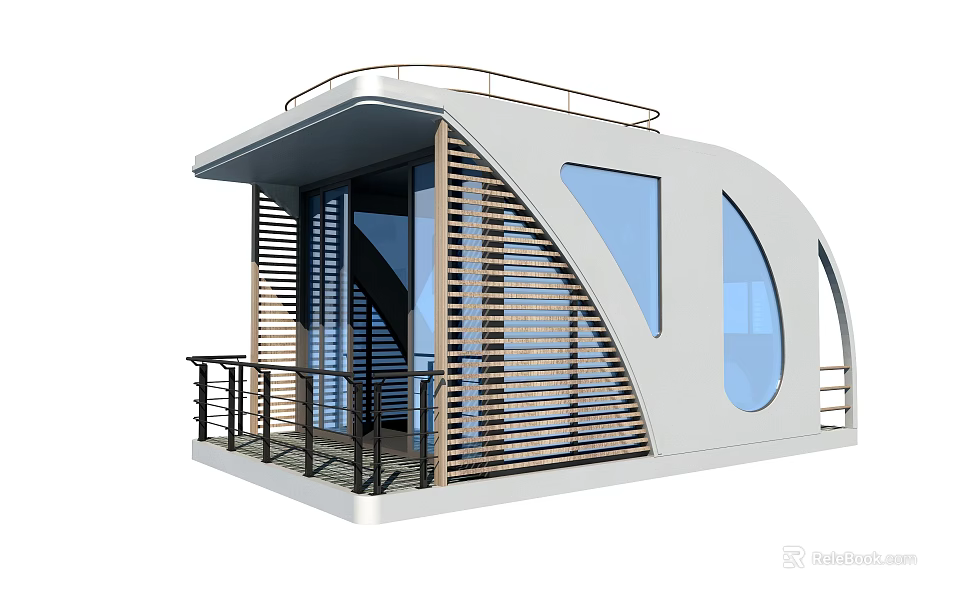 Modern Curved Homestay Building With Large Windows Wooden Louvers And Balcony Railing 3d model 