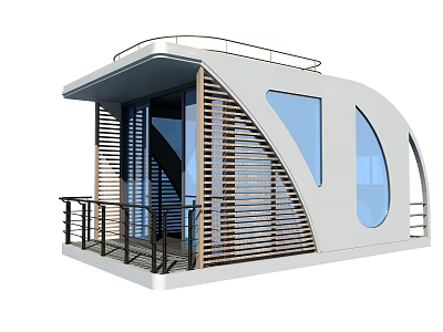 Modern Curved Homestay Building With Large Windows Wooden Louvers And Balcony Railing 3d model