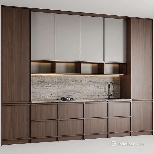 Stylish Modern Kitchen Cabinets With Wooden Panels Stone Countertop And Lighting 3d model 