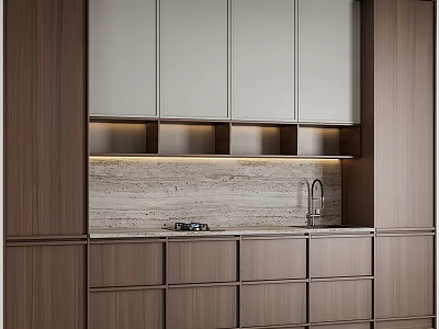 Stylish Modern Kitchen Cabinets With Wooden Panels Stone Countertop And Lighting 3d model
