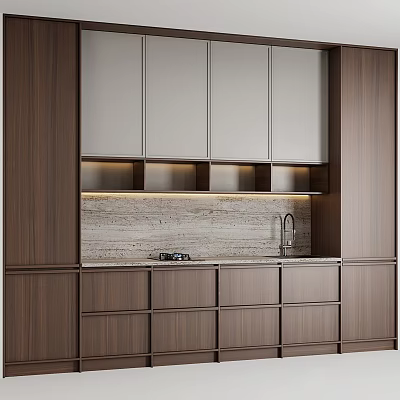 Stylish Modern Kitchen Cabinets With Wooden Panels Stone Countertop And Lighting 3d model