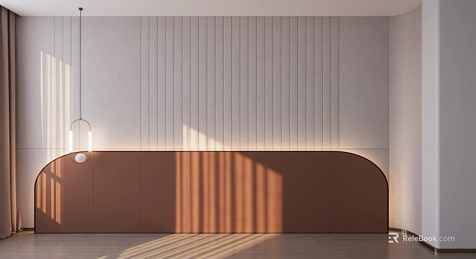 Modern Minimalist Bedroom Accent Wall With Vertical Lines Gray Paneling Brown Fabric And Soft Shadow 3d model 