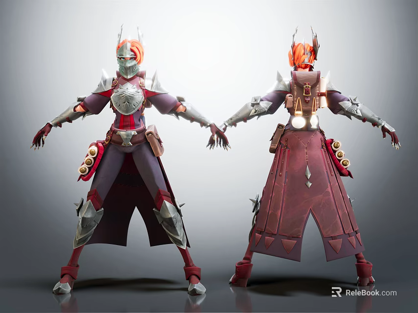 Character Design With Dragon Inspired Red Silver Armor Front And Back View 3d model