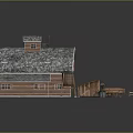 Farm Wooden Barn with Stone Tile Roof Windmill Water Well Wooden Shed Barrels and Tools