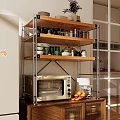 Sturdy Metal and Wood Kitchen Shelf With Jars Dishes Microwave Coffee Maker and Fruits
