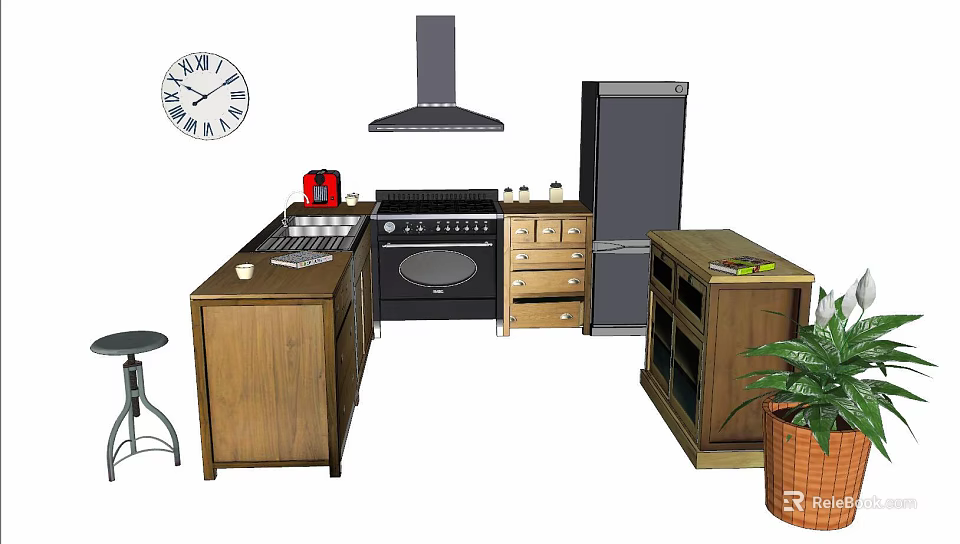 Wooden Kitchen Cabinets In Interior With Refrigerator Stove Range Hood And Plant 3d model 