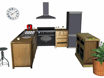 Wooden Kitchen Cabinets In Interior With Refrigerator Stove Range Hood And Plant 3d model