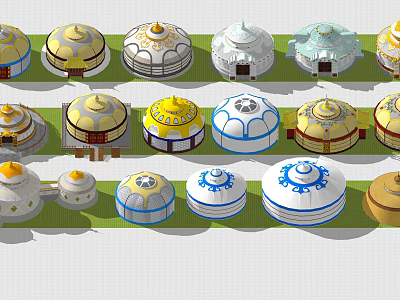 Colorful Traditional Yurts Arranged with Decorative Patterns on Green Grassland 3d model