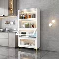 White Modern Sideboard with Glass Doors Gold Legs and Storage Shelves in Kitchen