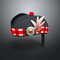 Black Traditional Hat With Red Pom Pom Feather Round Badge And Red White Checkered Band