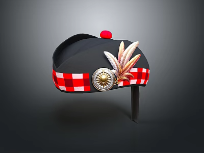 Black Traditional Hat With Red Pom Pom Feather Round Badge And Red White Checkered Band 3d model