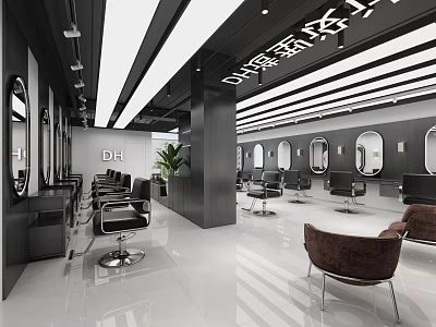 Modern Hair Salon Interior With Spacious Layout Barber Chairs Mirrors White Floor And Striped Ceiling 3d model