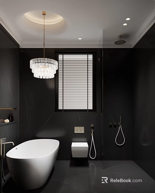 Hotel Bathroom With Dark Walls White Bathtub Crystal Chandelier And Blinds 3d model 