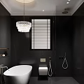 Hotel Bathroom With Dark Walls White Bathtub Crystal Chandelier And Blinds
