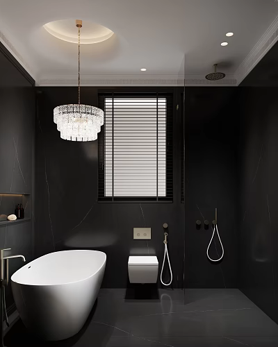 Hotel Bathroom With Dark Walls White Bathtub Crystal Chandelier And Blinds 3d model