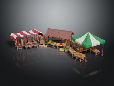 Colorful Outdoor Market Stalls With Red White Green Striped Canopies And Fresh Produce Tables 3d model