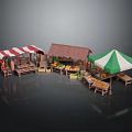 Colorful Outdoor Market Stalls With Red White Green Striped Canopies And Fresh Produce Tables