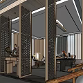 Modern Office Interior Design With Large Desk Comfortable Chairs Wooden Bookshelves And Decorative Items