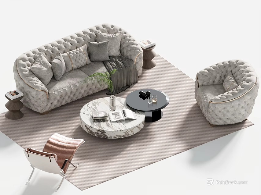 Elegant Modern Tufted Sofa and Marble Coffee Table Set with Armchair and Decorative Rug 3d model 
