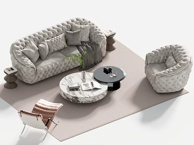 Elegant Modern Tufted Sofa and Marble Coffee Table Set with Armchair and Decorative Rug 3d model