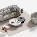 Elegant Modern Tufted Sofa and Marble Coffee Table Set with Armchair and Decorative Rug
