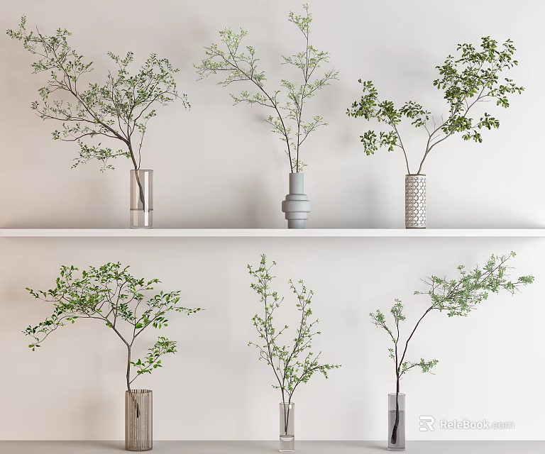 Multiple Decorative Vases With Green Leafy Branches On White Wall Shelf For Modern Home Decoration 3d model 