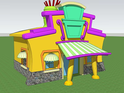 Cartoon Style Shop Building With Yellow Main Body Purple Roof Decorations And Green Cup Structure 3d model