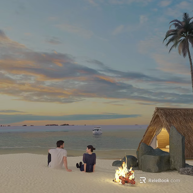 Tropical Beach Sunset Scene With Couple Thatched Hut Palmtree And Calm Sea 3d model 