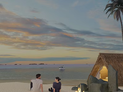 Tropical Beach Sunset Scene With Couple Thatched Hut Palmtree And Calm Sea 3d model