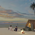 Tropical Beach Sunset Scene With Couple Thatched Hut Palmtree And Calm Sea