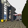 Modern Hotel Lobby Interior With Chandeliers Columns Tiled Floor And Decorative Wall