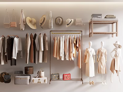 Fashionable Clothes Hanging On Racks With Hats Bags Shelves And Mannequins Wearing Dresses 3d model
