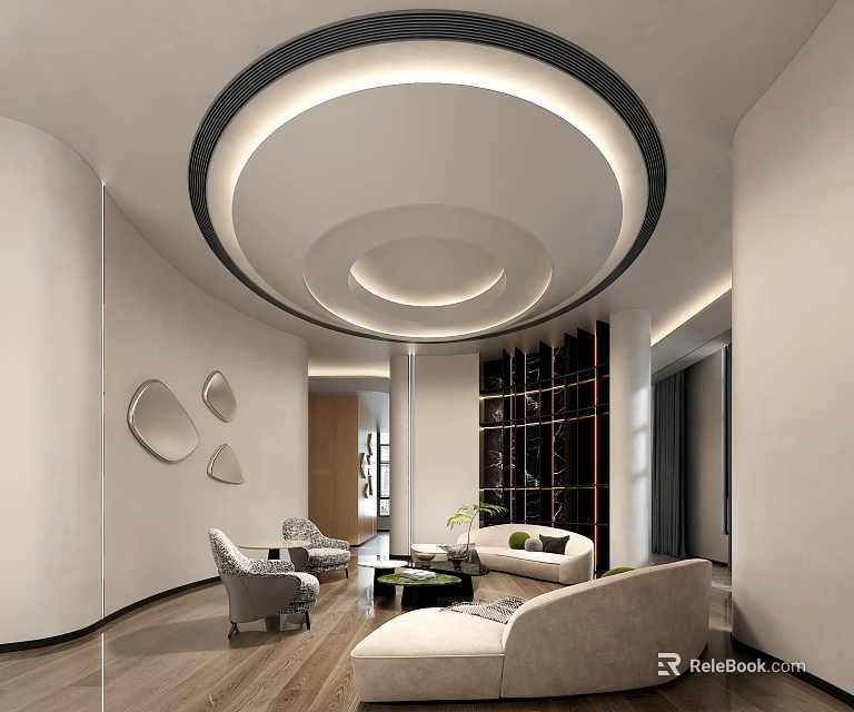 Modern Front Desk Reception Lounge With Circular Recessed Ceiling Design And Comfortable Soft Furnishings 3d model 