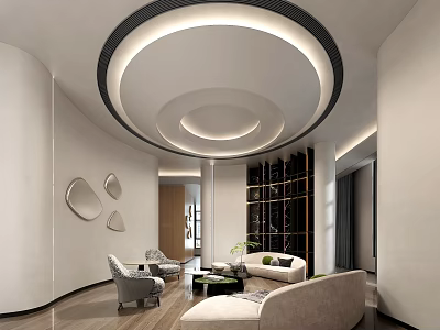 Modern Front Desk Reception Lounge With Circular Recessed Ceiling Design And Comfortable Soft Furnishings 3d model