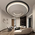 Modern Front Desk Reception Lounge With Circular Recessed Ceiling Design And Comfortable Soft Furnishings