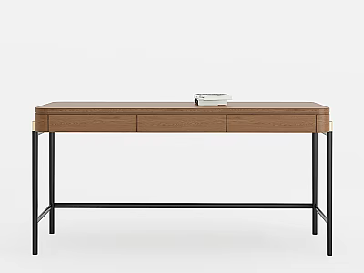 Wooden Desk with Black Metal Legs Two Drawers and Book on Top 3d model