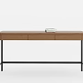 Wooden Desk with Black Metal Legs Two Drawers and Book on Top