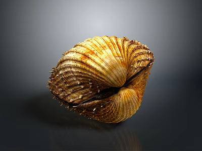 Close Up Of Shellfish With Yellowish Brown Striped Shell Spiky Edges On Dark Background 3d model