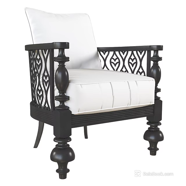 Traditional Carved Wooden Armchair With White Cushion And Intricate Frame Design Details 3d model 