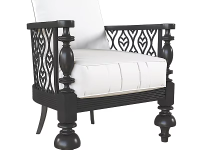 Traditional Carved Wooden Armchair With White Cushion And Intricate Frame Design Details 3d model