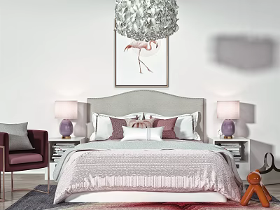 Double Bed with Gray Headboard and Pillows in Bedroom with Flamingo Painting Chandelier and Lamps 3d model