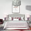 Double Bed with Gray Headboard and Pillows in Bedroom with Flamingo Painting Chandelier and Lamps