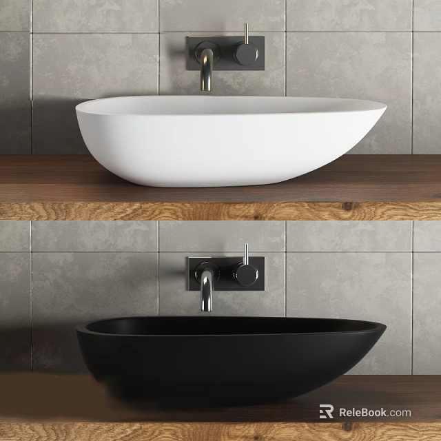 White and Black Washbasin On Wooden Countertop With Gray Tiled Wall And Silver Faucet 3d model 