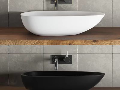 White and Black Washbasin On Wooden Countertop With Gray Tiled Wall And Silver Faucet 3d model