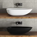 White and Black Washbasin On Wooden Countertop With Gray Tiled Wall And Silver Faucet