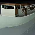 Detailed Wooden Boat Model With White Hull Brown Roof And Deck Windows