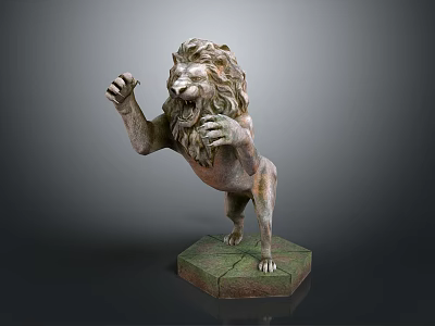 Bronze Lion Statue With Detailed Mane And Cracked Base In Standing Pose 3d model