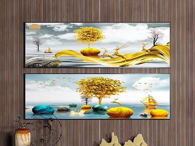 Modern Decorative Paintings With Golden Tree Deer Boat And Stones 3d model