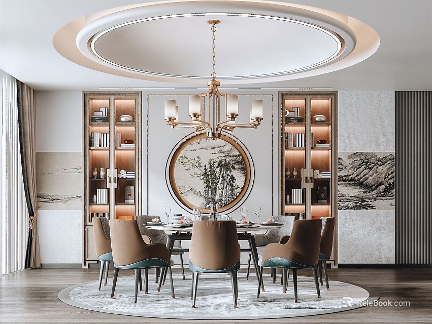 Elegant Restaurant Interior With Round Chandelier Dining Table Chairs Bookshelves Circular Mirror And Landscape Art 3d model 