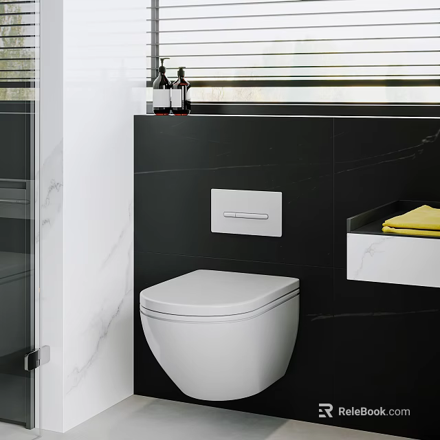 Modern Bathroom Interior With White Wall Mounted Toilet And Black Wall Design 3d model 